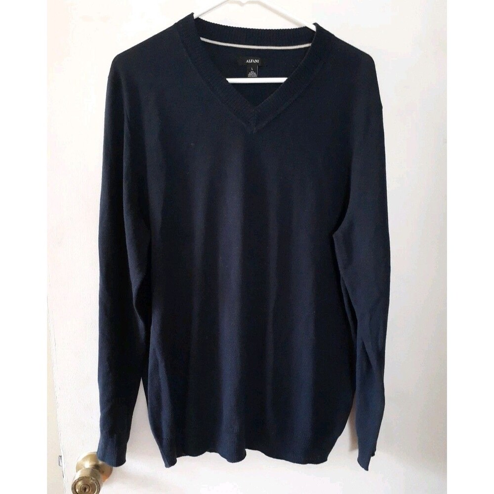 Alfani Sweater Men's L navy blue Long-Sleeve V-Neck Merino Wool Blend Classic